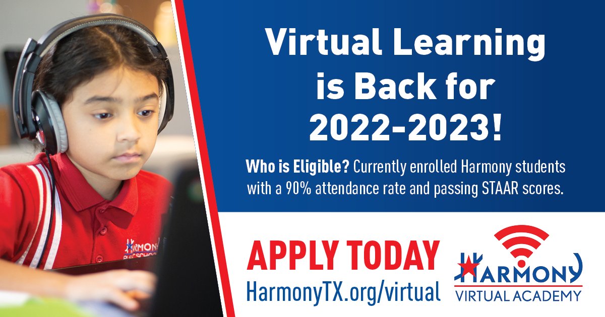 Harmony Public Schools will continue to offer virtual learning for the '22 -'23 school year!

For more information, visit HarmonyTX.org/virtual!

#onlinelearning #virtualschool #k12 #stem #education #texas