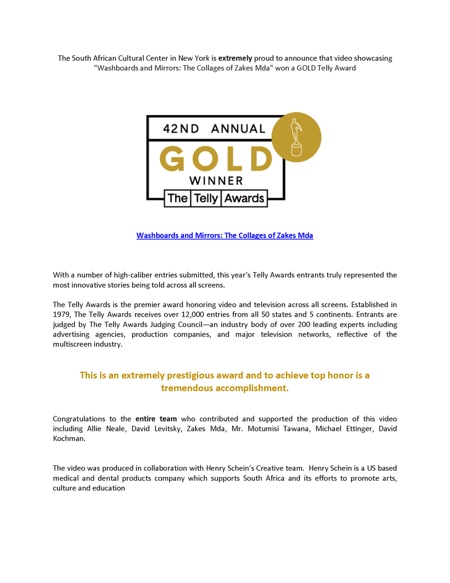 The South African Cultural Center in New York is extremely proud to announce that the video showcasing 𝗪𝗮𝘀𝗵𝗯𝗼𝗮𝗿𝗱𝘀 𝗮𝗻𝗱 𝗠𝗶𝗿𝗿𝗼𝗿𝘀: 𝗧𝗵𝗲 𝗖𝗼𝗹𝗹𝗮𝗴𝗲𝘀 𝗼𝗳 𝗭𝗮𝗸𝗲𝘀 𝗠𝗱𝗮 won a GOLD Telly Award wi.st/3ab1R2W #SAculture #SAinNY