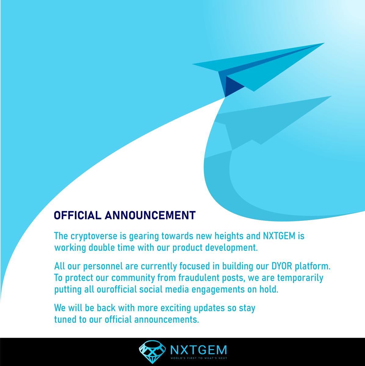 nxtgem_io's tweet photo. NXTGEM 💎 will be back 😎 https://t.co/PcSRDBsfZR