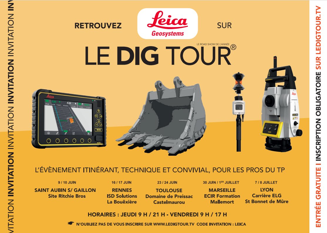 LeicaGeoFR's tweet photo. Leica Geosystems prend part au #DigTour ! RDV à chaque étape avec notre partenaire @Sany Découvrez les solutions de guidage en première monte de nos partenaires OEM @Hitachi et @Liebherr.
Plus d'info : https://t.co/9FFElbFP7Q
#dirtsimple #guidage3D #MachineControl #DIGTOUR https://t.co/VwHyToz0wg