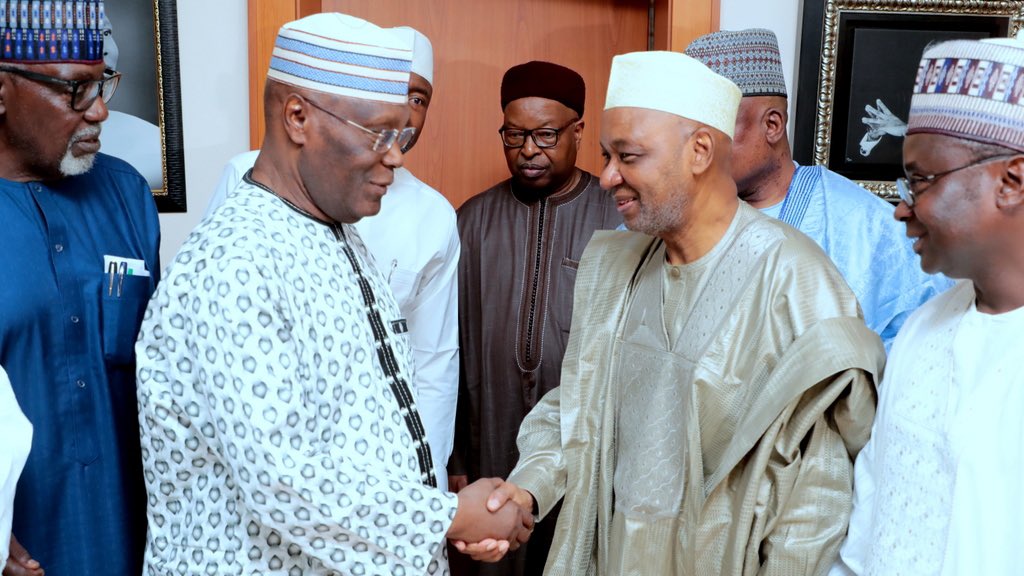atiku's tweet photo. It was my honour and pleasure playing host to H.E Namadi Sambo, H.E Sule Lamido, H.E Attahiru Bafarawa and Alh Mohammed Hayatu-Deen. The congratulatory visit afforded us to discuss how to strengthen the bond of unity in our dear party, the @OfficialPDPNig, among others. -AA https://t.co/aeYYruWTee
