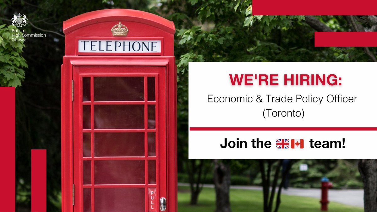 🚨 Job Alert 🚨

Interested in 🇬🇧 government trade and economic policy priorities? Live in the Greater Toronto Area? 

The British Consulate General in Toronto is hiring an Economic &amp; Trade Policy Officer. 

Learn more about the role ➡️ bit.ly/3t89WMk