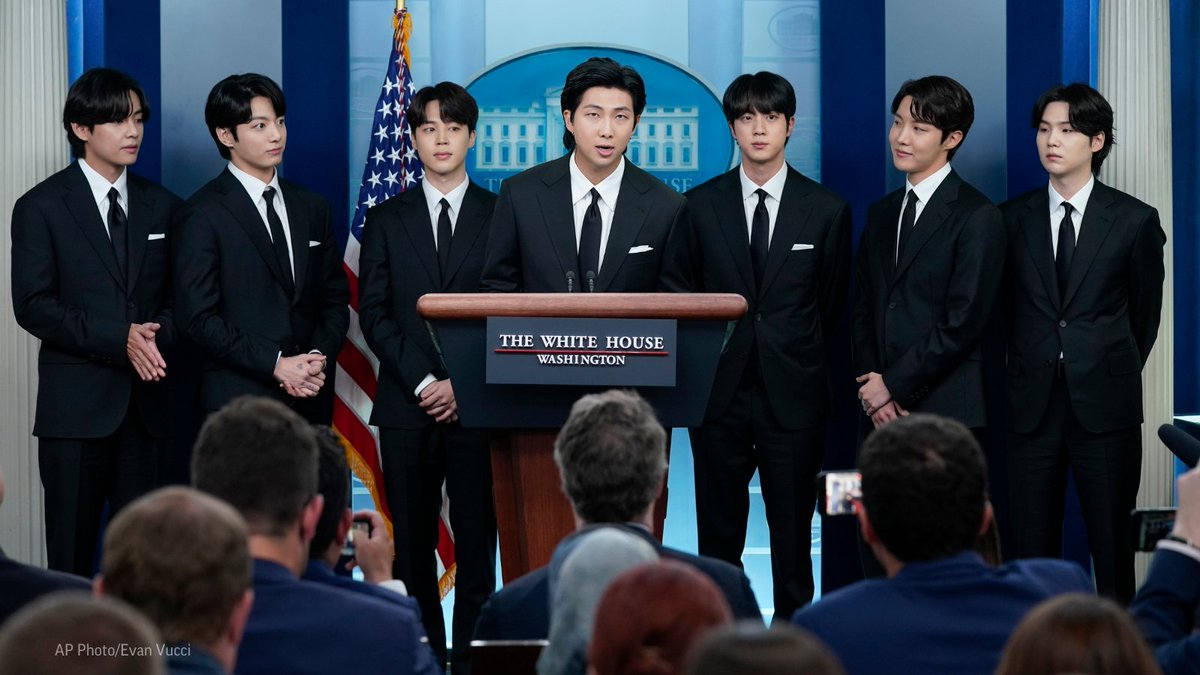 AP's tweet photo. BTS joined White House press secretary Karine Jean-Pierre during the daily briefing.

The K-pop supergroup were at the White House to meet with President Joe Biden to talk about Asian inclusion and representation and to address hate crimes and discrimination. https://t.co/GoVEJeBgmb