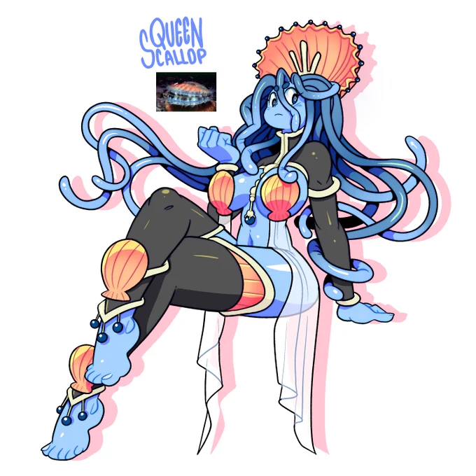 Mermay Day 31 - Queen Scallop
A better swimmer than the King Scallop, the mighty Queen Scallop surveys her domain with an array of sensitive tentacles, and up to 200 crystalline eyes that line her shell. 
