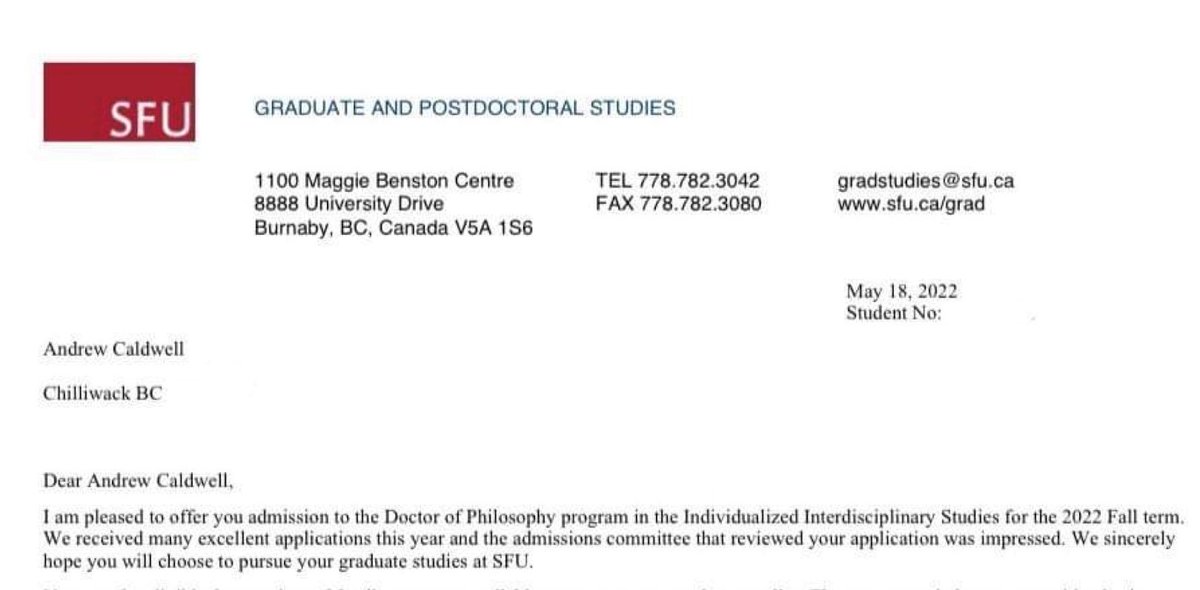 andrewccaldwell's tweet photo. Very honoured and excited to embark on a new journey to pursue an Individualized Interdisciplinary Studies Ph.D. @sfucriminology @SFUGSWS @SFU_INDG https://t.co/GlCzGFRDjy