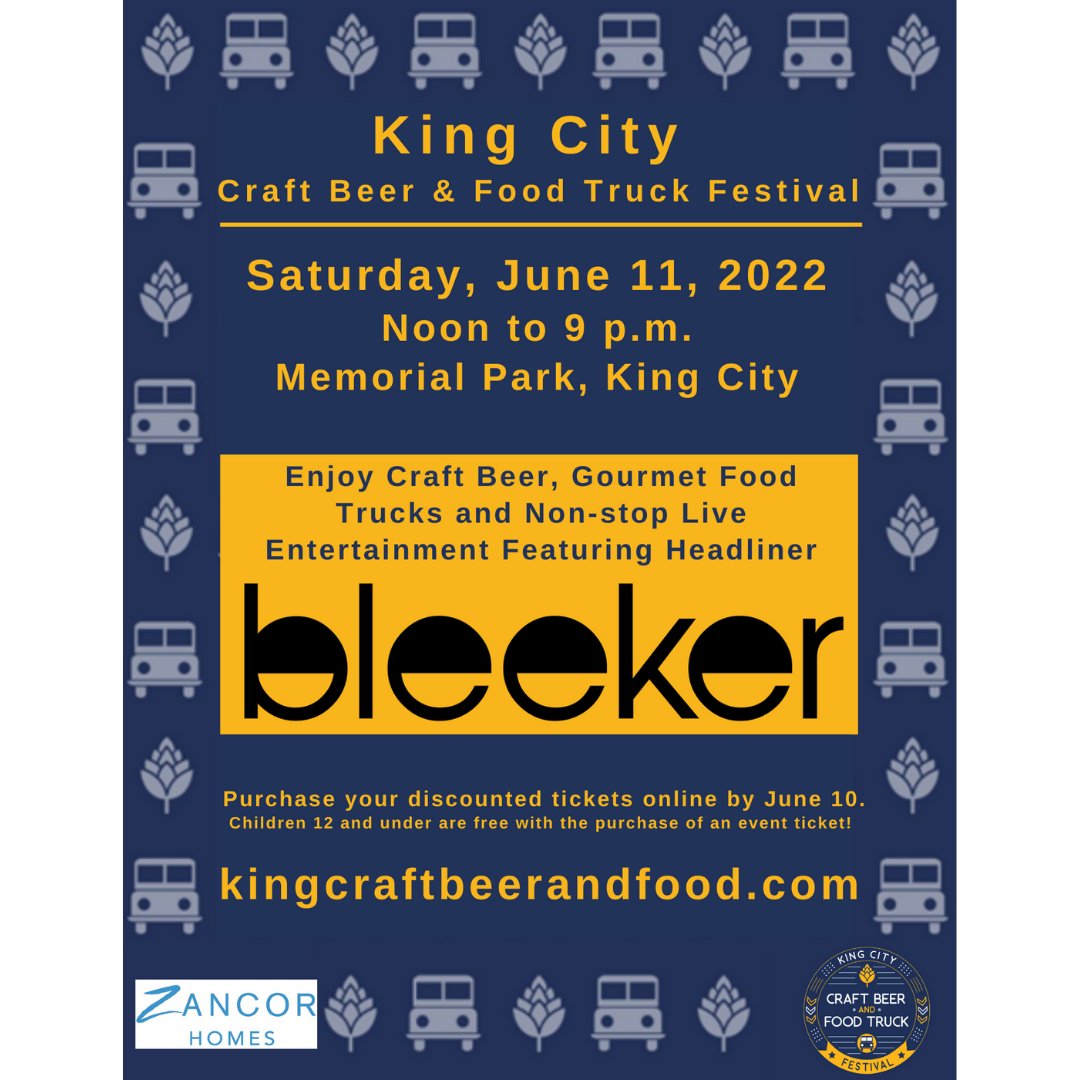 Join us for the King City Craft Beer &amp; Food Truck Festival happening on Saturday, June 11 at Memorial Park from Noon to 9 p.m. Enjoy Craft Beer, gourmet Food Trucks and two stages offering non-stop Live Entertainment. Discounted tickets at kingcraftbeerandfood.com <a href="/KingTownship/">King Township</a>