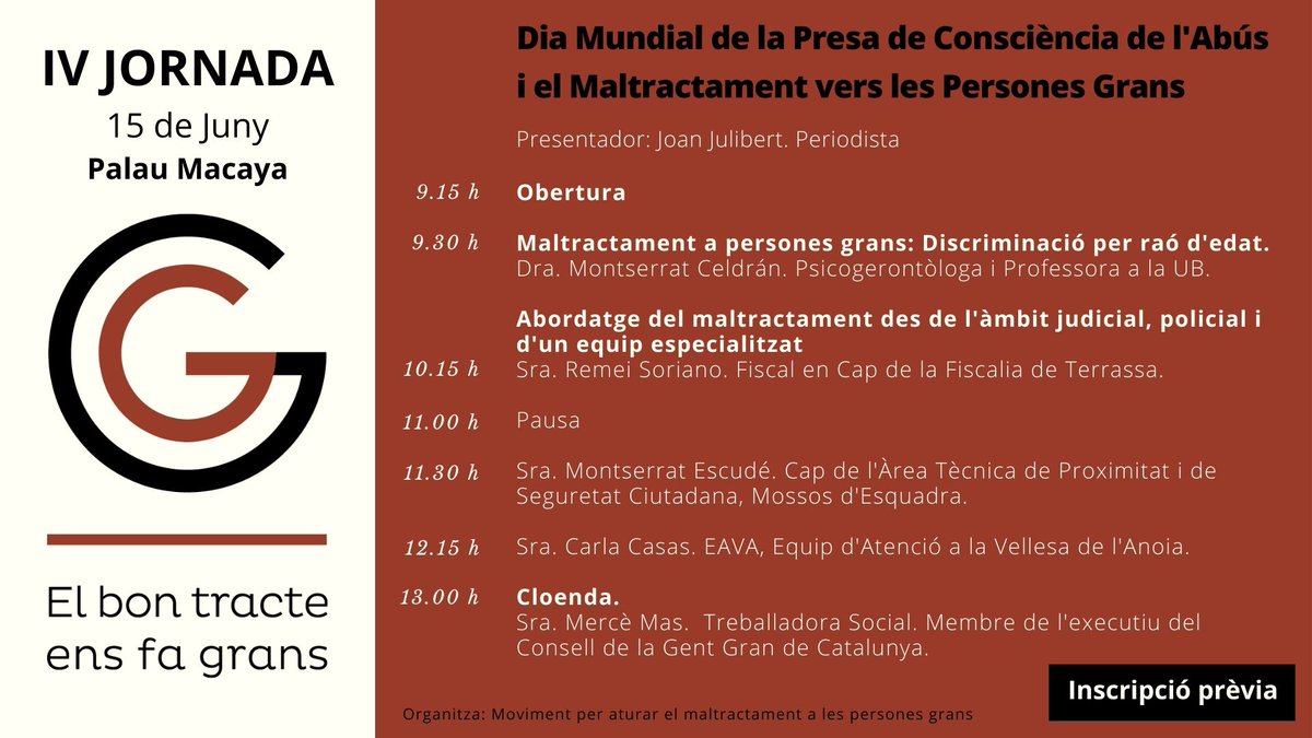 TORNEM A LA PRESENCIALITAT!
IV Jornada del #Moviment per aturar el #maltractament a les #personesgrans

🗓️ Dimecres 15 de juny
⏲️ 9.15 h
📍 Palau Macaya. Barcelona

Inscripcions a: bit.ly/3t7XbBh
Places limitades

Us esperem‼️        #ElBonTracteEnsFaGrans