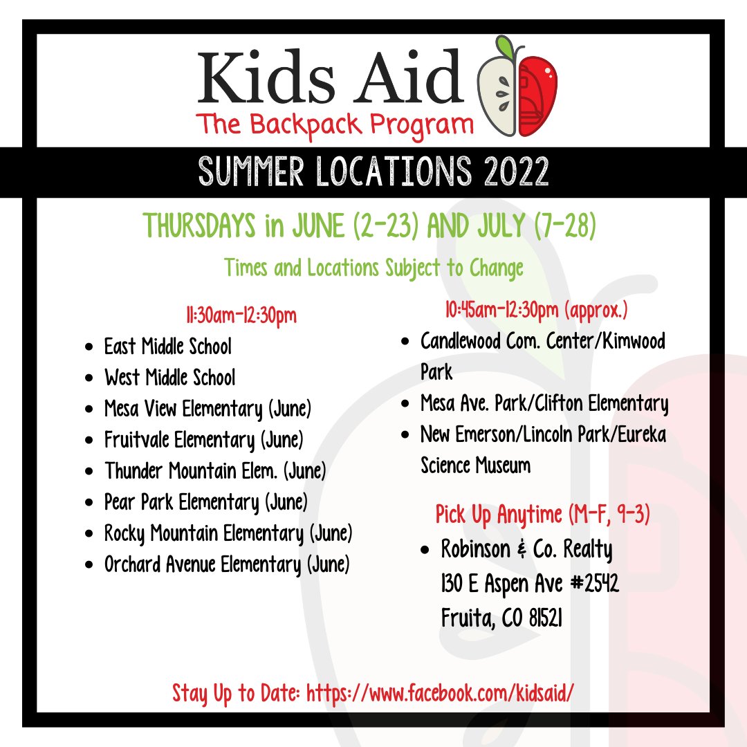SUMMER MEALS START THIS THURSDAY, JUNE 2nd. (Lunch Lizard starts next week, June 6th.) ***NEW Site just added, Robinson &amp; Co. Realty in FRUITA! Swing by and pick up a bag anytime, M-F between 9am-3pm. THANK YOU, Geri Robinson @robinsonandcorealty*** Follow us to stay up date.