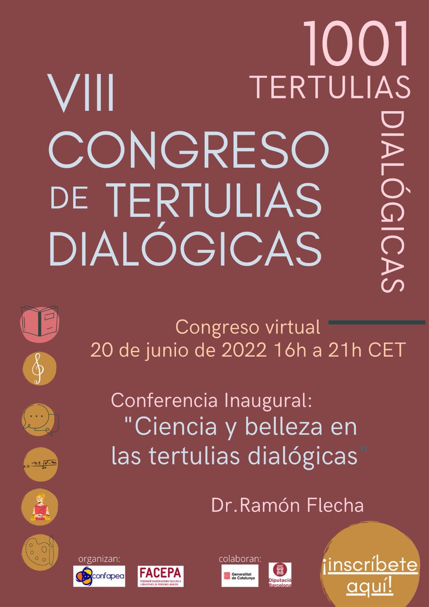 📣 Ya tenemos aquí el cartel del VIII Congreso de Tertulias Dialógicas que tendrá lugar el próximo 20 de junio! Este año tendremos el pl
acer de contar con la presencia de <a href="/R_Flecha/">Ramón Flecha</a>, quién llevará a cabo la conferencia inaugural: "Ciencia y belleza en las tertulias Dialógicas".