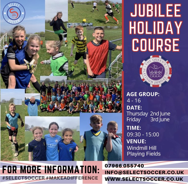 Jubilee Holiday Course Booking now open:
Thur 2nd June 
Fri 3rd June 

Why not sign up today &amp; join in with Torbay’s most popular holiday course ⚽️ 😀

📞 07966055740
📧 info@selectsoccer.co.uk
💻 selectsoccer.co.uk

#SelectSoccer #MakeADifference #HolidayCourse <a href="/ClubnetsUK/">Clubnets</a>