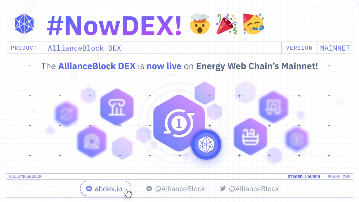 The AllianceBlock DEX is now live on <a href="/energywebx/">Energy Web</a>’s Mainnet! 🔥
 
This is just the first phase of our staged launch – we’ll share more information about it in the next couple of days.
 
Without further ado, the AllianceBlock DEX 👇
abdex.io
 
#NowDEX #NoMercy $ALBT