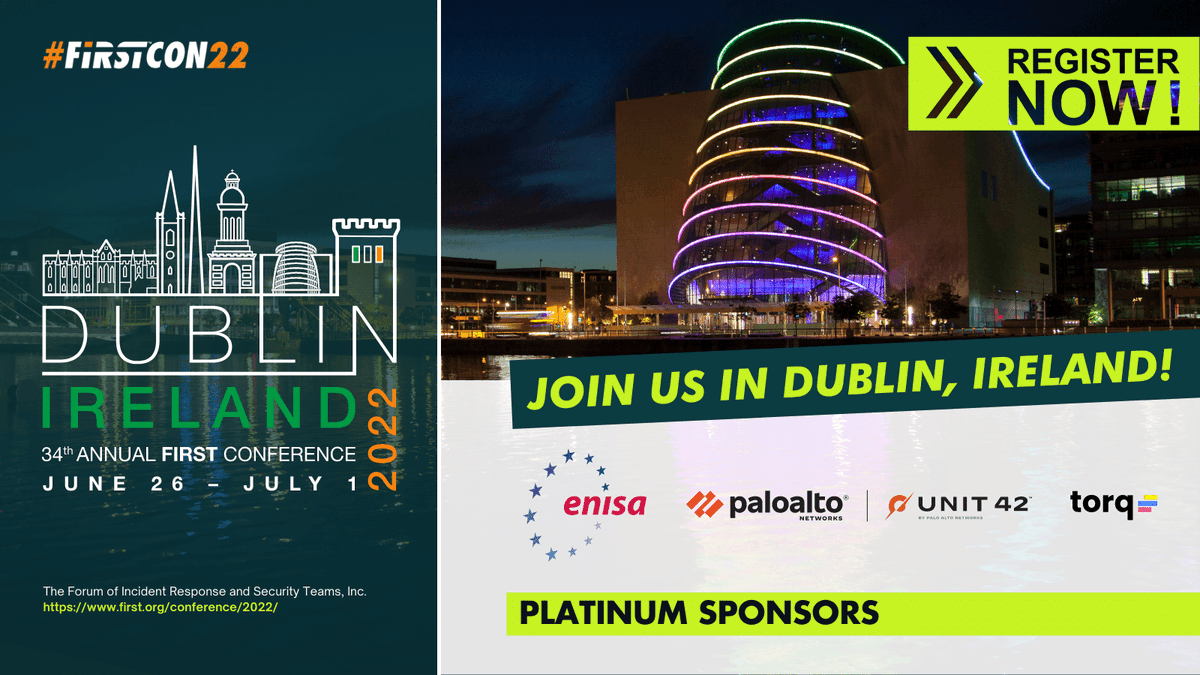 FIRSTdotOrg's tweet image. #FIRSTCON22 Platinum Sponsors - thank you for your support! Looking forward to the end of June! @enisa_eu, @PaloAltoNtwks, and @torq_io
