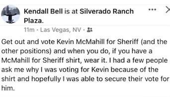Roberts4Nevada's tweet photo. Once again certain cops think they are above the law. Electioneering within 100 yds of a voting location is a gross misdemeanor.
I am glad my supporters respect the election process and rules that keep voting fair. #RobertsForSheriff #LVMPD #Sheriff #elections https://t.co/oG6p075OWN