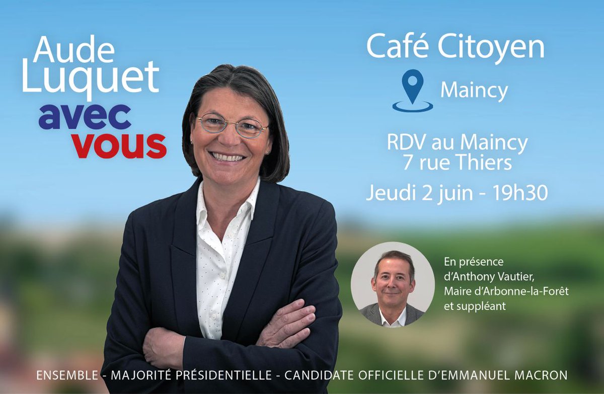 AudeLuquet77's tweet photo. Je vous donne rendez-vous ce jeudi à #Maincy pour échanger avec moi autour d'un café citoyen.
🗓 Jeudi 2 juin
🕢 19H30
📍 Le Maincy - 7 rue Thiers
#legislatives2022 #AvecVous https://t.co/CFRrDNSQpG