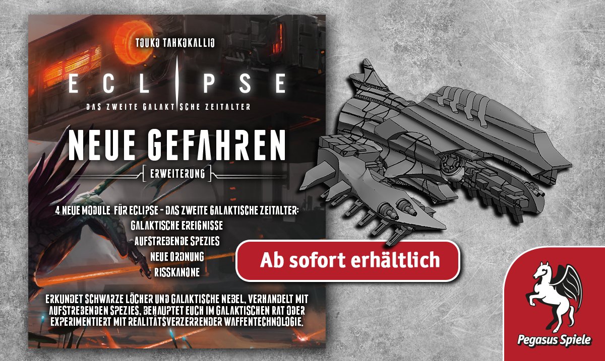 pegasusspiele's tweet photo. Die Mini-Erweiterung ECLIPSE: NEUE GEFAHREN für das Expertenspiel ECLIPSE – DAS ZWEITE GALAKTISCHE ZEITALTER ist jetzt erhältlich. 

Dank vier neuer Module, die sich einzeln oder kombiniert spielen lassen, gestaltet sie die Eroberung des Weltraums noch abwechslungsreicher! https://t.co/AgQzKU2Rav