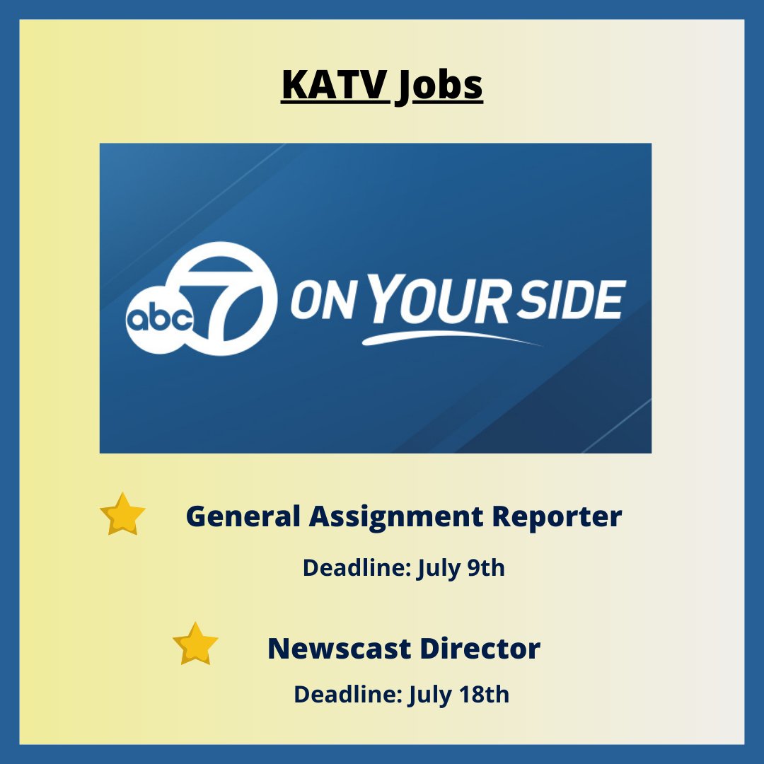 Journalism graduates - check out these jobs KATV offers!

Links to the applications can be found below.

General Assignment Reporter:
edyy.fa.us2.oraclecloud.com/hcmUI/Candidat…
Newscast Director:
edyy.fa.us2.oraclecloud.com/hcmUI/Candidat…