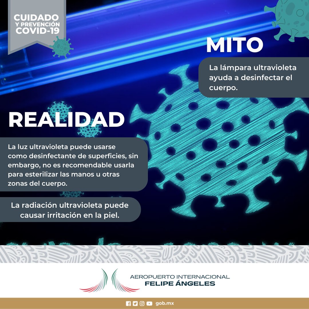 aifaaero's tweet photo. La radiación ultravioleta puede causar irritación en la piel, es por eso, que desmentimos este mito. 😷
Recuerda verificar la información sobre las medidas sanitarias en páginas oficiales.
#AIFA #Aeropuerto #FelipeÁngeles #Covid #MitoYVerdad #MitoCovid #MedidasSaniarias https://t.co/ZhDG1fHsj0