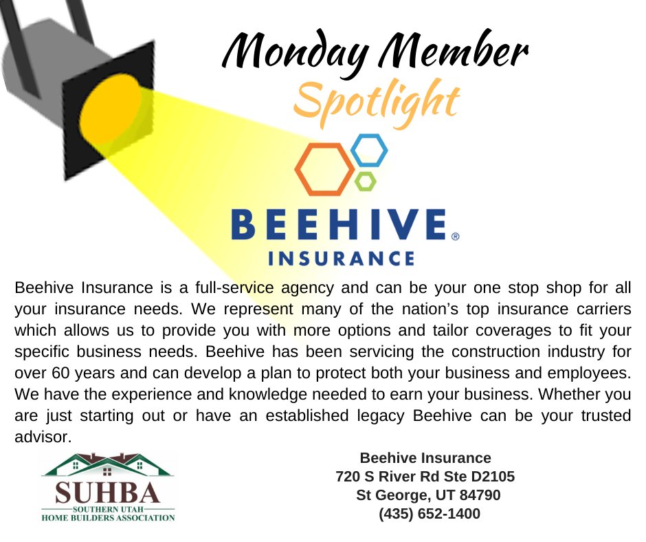 SUHBA's tweet photo. It's time for another #MondayMemberSpotlight!
#BeehiveInsurance, the spotlight is on you today!
Beehive Insurance is a full-service agency and can be your one stop shop for all your insurance needs. https://t.co/4f1tU3Iqpt