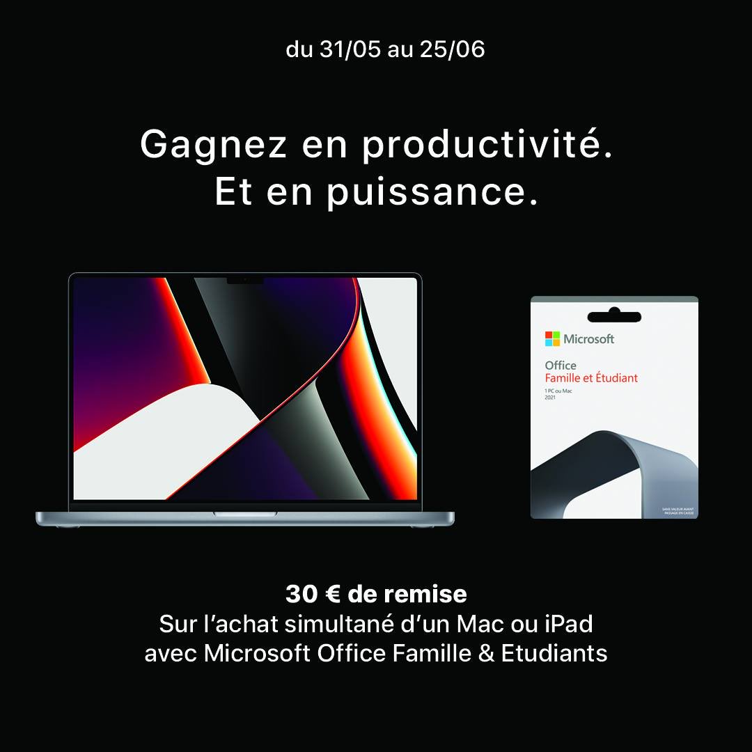 Symbiose_APR's tweet photo. ✅ OFFRE MICROSOFT OFFICE FAMILLE &amp; ÉTUDIANTS

30 € de remise, jusqu'au 25 juin seulement, sur l'achat simultané d'un Mac ou iPad, avec Microsoft Office Famille &amp; Étudiants
￼
Voir conditions auprès de nos équipes.

https://t.co/rc4QVCT5L9 https://t.co/NRdJAd6oMj