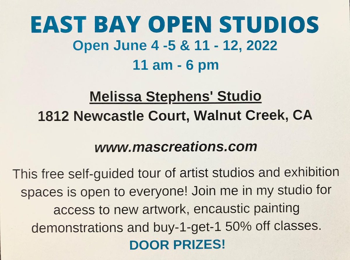 MAStephens1016's tweet photo. East Bay Open Studios is June 4-5 &amp; 11-12 from 11 am - 6 pm. My studio is open BOTH WEEKENDS! See you soon! @newebos https://t.co/7HSEdpq9vJ