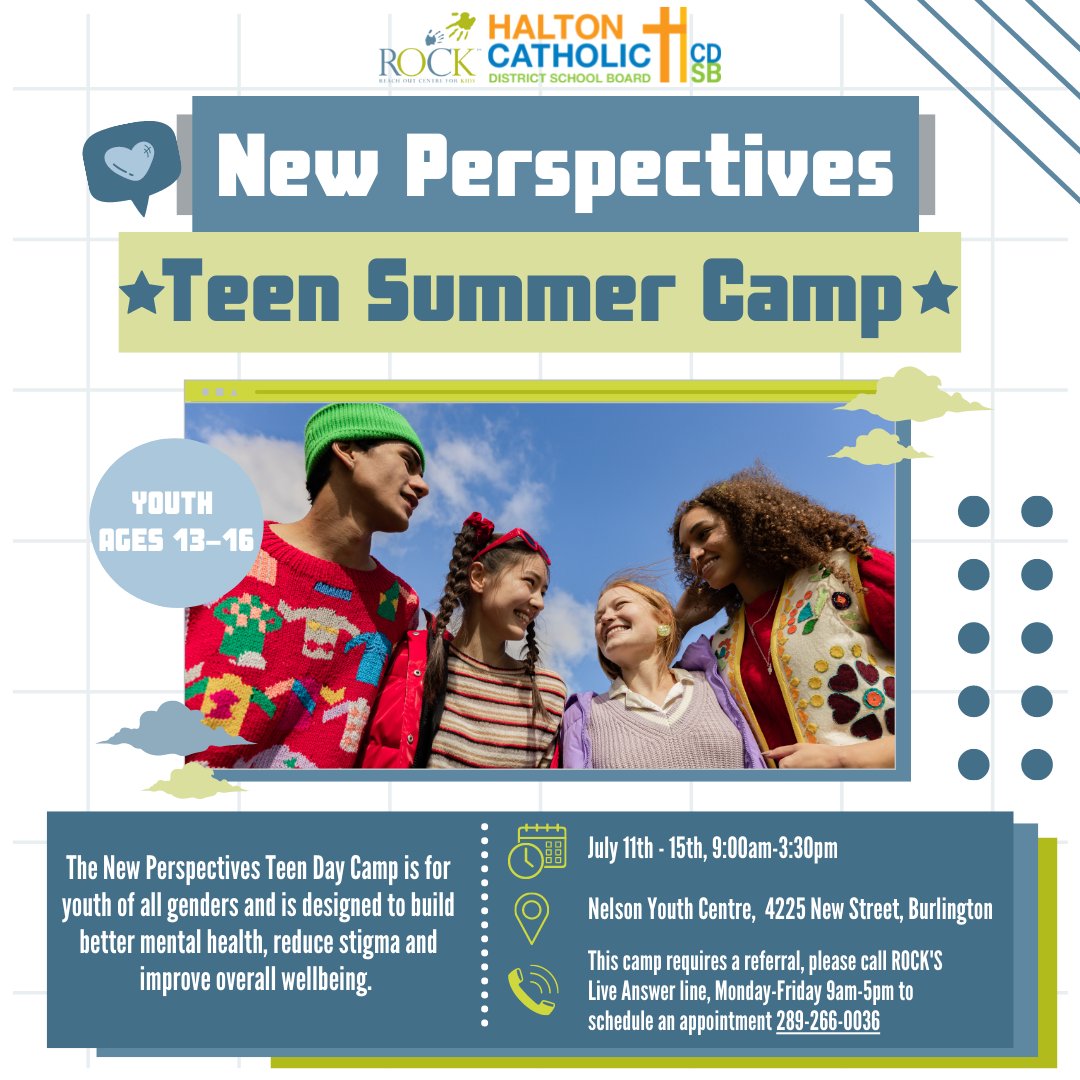 There are still a number of spots available for our New Perspectives Summer Camps! New Perspective's is a FREE mental health and wellness camp for teens of all genders ages 13-16. Transportation is available!!  Questions? email Erica Crews, ericac@rockonline.ca