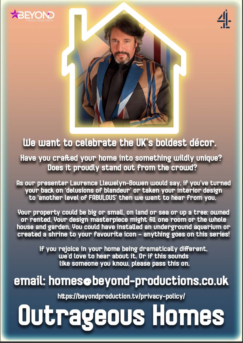 RT <a href="/tellybyrob/">TV Casting</a> 

Laurence Llewelyn-Bowen has a new channel 4 property show celebrating the UK’s boldest décor. If your home is widely unique and stands out from the crowd get in touch! email: homes@beyond-productions.co.uk  

#interiordécor #interiordesign #interiordesignideas