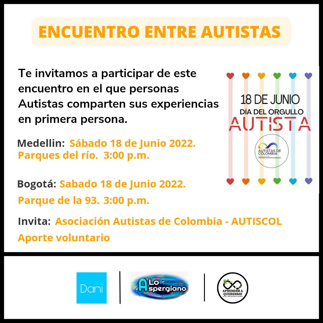 autiscol's tweet photo. La Asociación Autistas de Colombia (AUTISCOL) los invita a encontrarnos de manera  presencial y compartir un momento de socialización agradable entre Autistas y no autistas.
 
Tendrá lugar el domingo 18 de Junio en el parque de la 93.

Hora: 3:00 p.m. https://t.co/uaF7CGk0aa