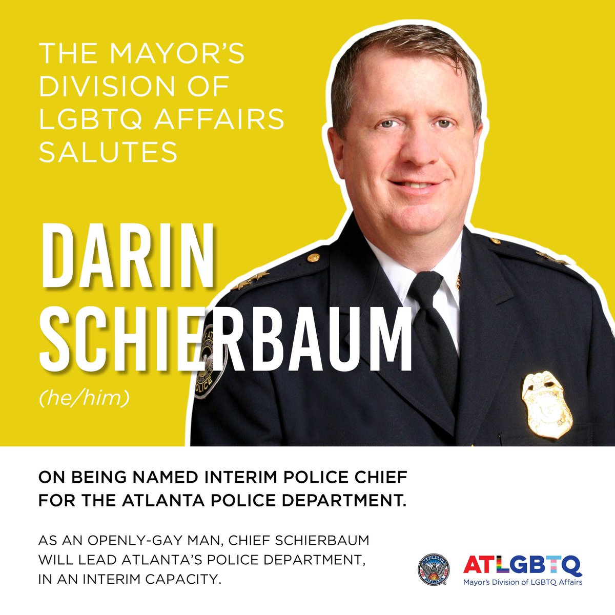COALGBTQ's tweet photo. Congratulations, Chief Schierbaum - Atlanta’s newly appointed openly-gay Police Chief. 🏳️‍🌈 https://t.co/QleZUVDjDA