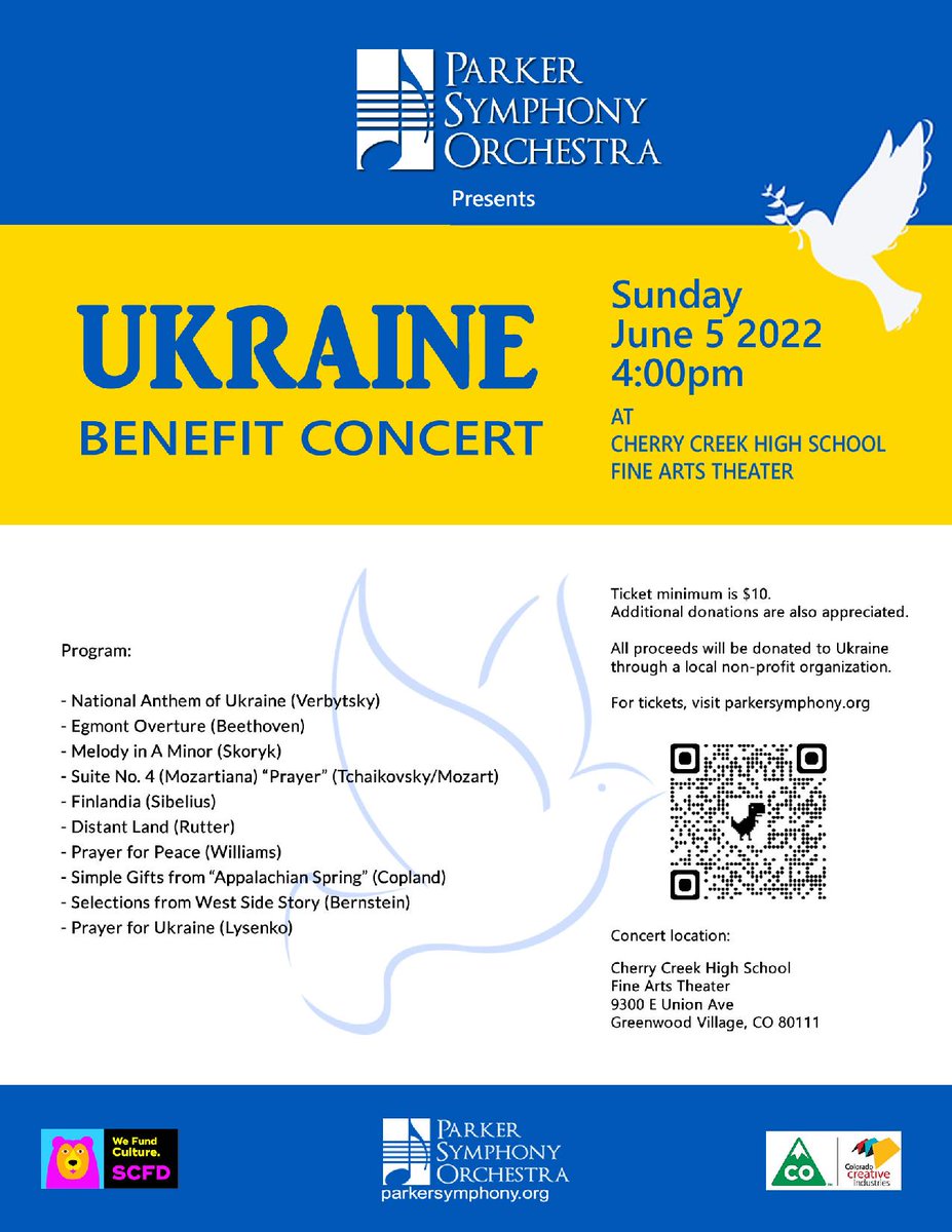 It's concert week!  Only a few days left to get tickets to Parker Symphony's #Ukraine Benefit Concert.  Tickets only $10!
parkersymphony.ticketleap.com/parker-symphon…

#parker #colorado #coloradomusicscene #greenwoodvillage #denver #denvercolorado #denvernonprofit #denvermusicscene #helpukraine