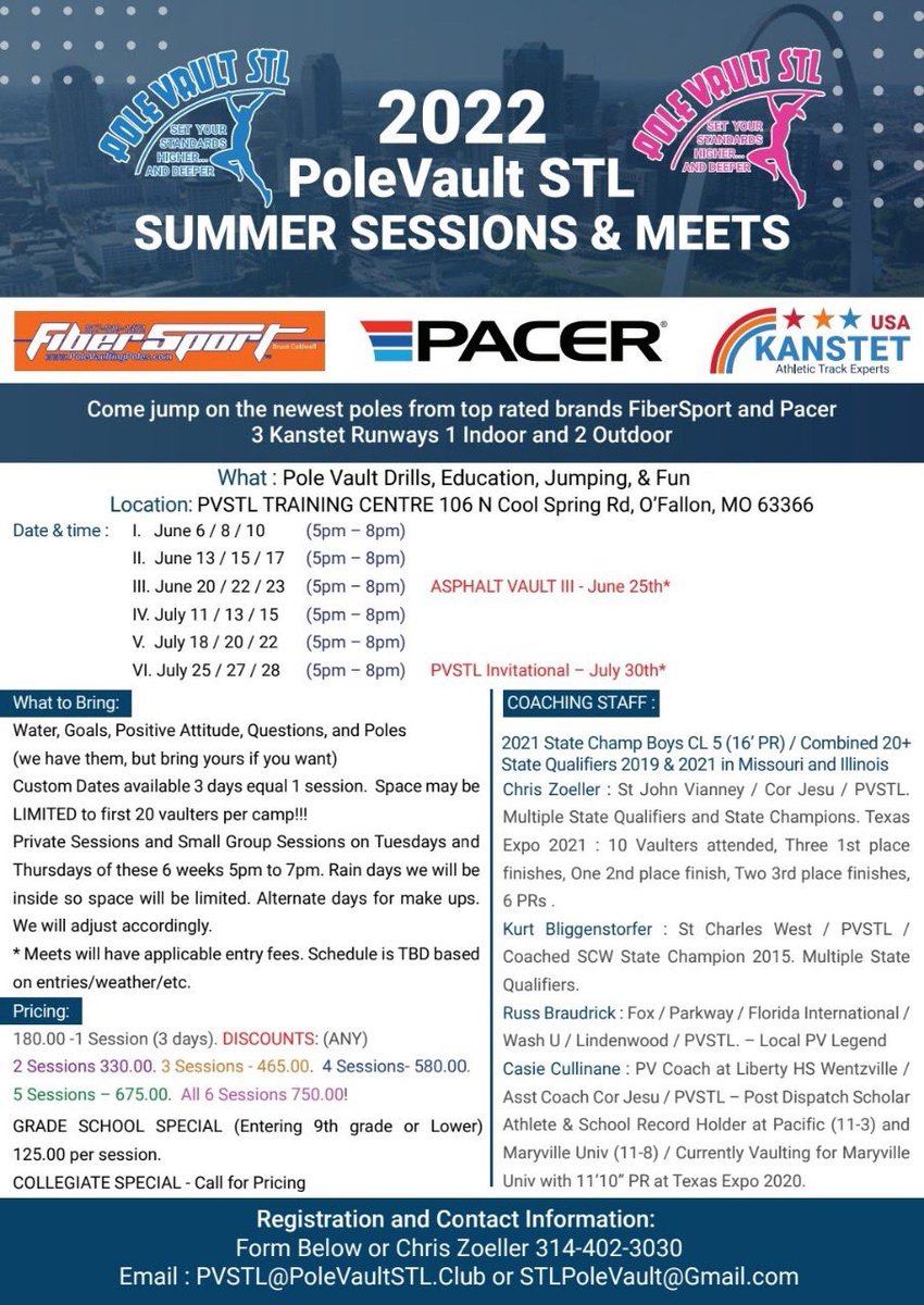 PoleVaultStl's tweet photo. PV Camp/Sessions Start next week. 16 total athletes at state last weekend. 2 state Champs 11 All State. They put in the work during the off season! @VaulterMagazine @MoMileSplit @missouri_sports @STLhssports @MSHSAAOrg #polevault #FlyWithUs #StateChampions #PVCamp https://t.co/luS9DtAjxy