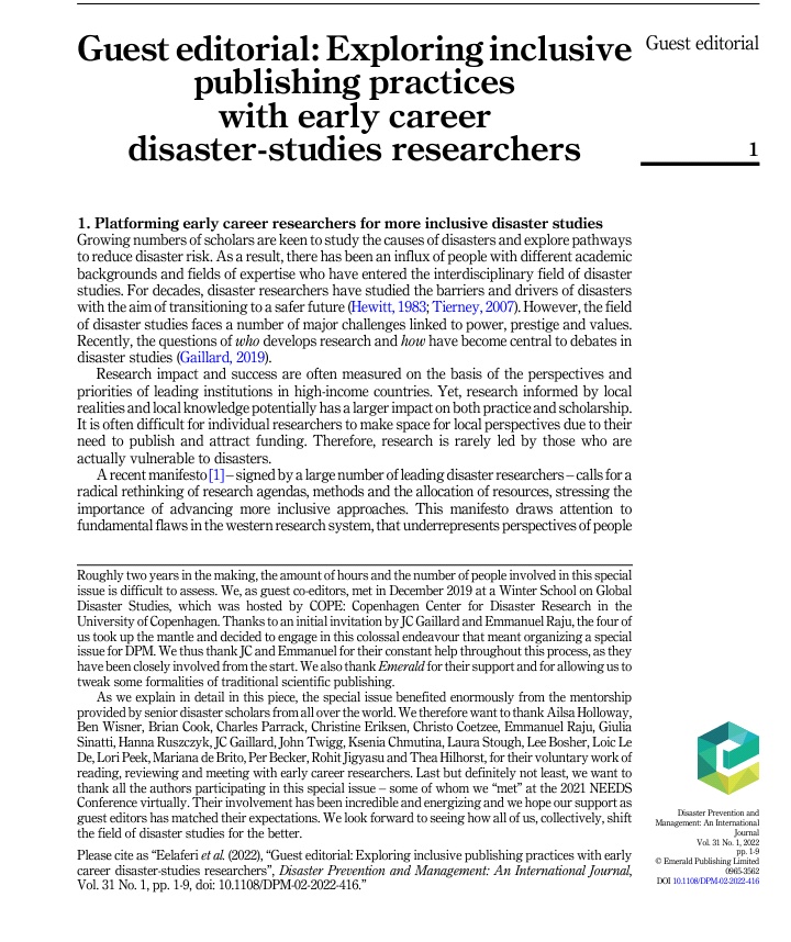 Disaster Prevention and Management (@disasterprevenm) on Twitter photo Read the "Guest editorial: Exploring inclusive publishing practices with early career disaster-studies researchers" by <a href="/EefjeHendriks/">Dr. Eefje Hendriks</a>
<a href="/LauraKmoch/">Laura Kmoch 🦣 @LauraKmoch@fediscience.org</a> @femkemulder78 <a href="/ricardosefes/">Ricardo Fuentealba</a> in our latest special issue emerald.com/insight/conten… Read the "Guest editorial: Exploring inclusive publishing practices with early career disaster-studies researchers" by <a href="/EefjeHendriks/">Dr. Eefje Hendriks</a>
<a href="/LauraKmoch/">Laura Kmoch 🦣 @LauraKmoch@fediscience.org</a> @femkemulder78 <a href="/ricardosefes/">Ricardo Fuentealba</a> in our latest special issue emerald.com/insight/conten…