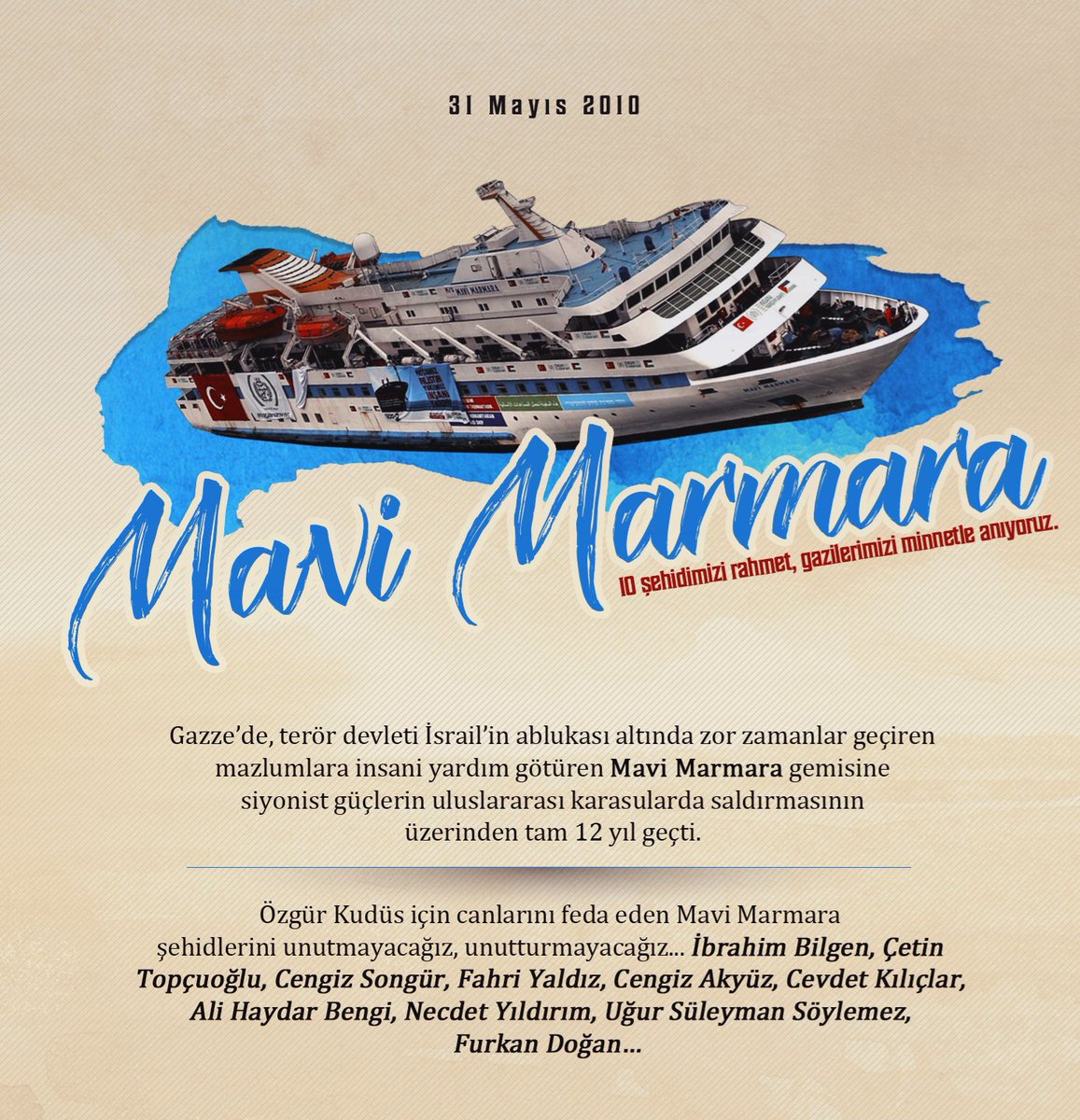 halukaras23's tweet photo. “Kudüs özgür olmadıkça, tüm şehirler tutsaktır” şuuru da “Mavi Marmara Ruhu” da yaşayacak ve bir gün mutlaka #Kudüs özgür olacaktır.
Şehadetlerinin 12. sene-i devriyesinde ‘#ÖzgürKudüs’ için can veren #MaviMarmara şehidlerini rahmetle anıyorum.
#mavimarmara12yasinda https://t.co/f3pZGvtafL