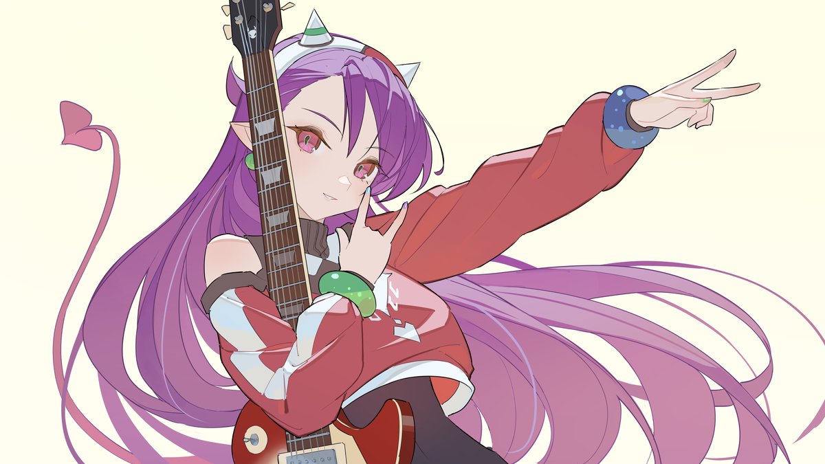 1girl solo purple hair v long hair tail instrument  illustration images