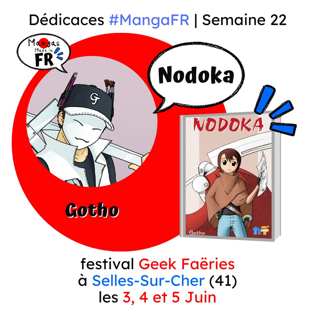 mangasmadeinFR's tweet photo. ✍ Dédicaces #mangafr [8/8]

Ce week-end, retrouvez la #mangakafr Gotho (@Gotholab) du collectif Kippon Dream (@KipponDream), auteure du #manga "Nodoka" en auto-édition (dispo sur MangaDraft), du 3 au 5 Juin, au festival Geek Faëries, à Selles-Sur-Cher (41) !

#dedicacemanga https://t.co/DEvd9FBFe8