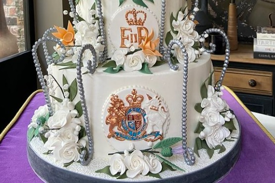 A close up of some of the intricate icing work on the Platinum Jubilee cake created by Patisserie Mark Bennett which has now been delivered to Buckingham Palace