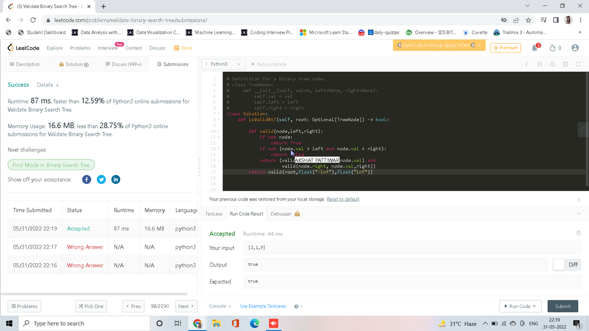 pandey_3312's tweet photo. I have done validate binary search tree problem
#day55 of #365daysfcode
#scalerdiscord 
@scaler_official https://t.co/0c2HivIVab