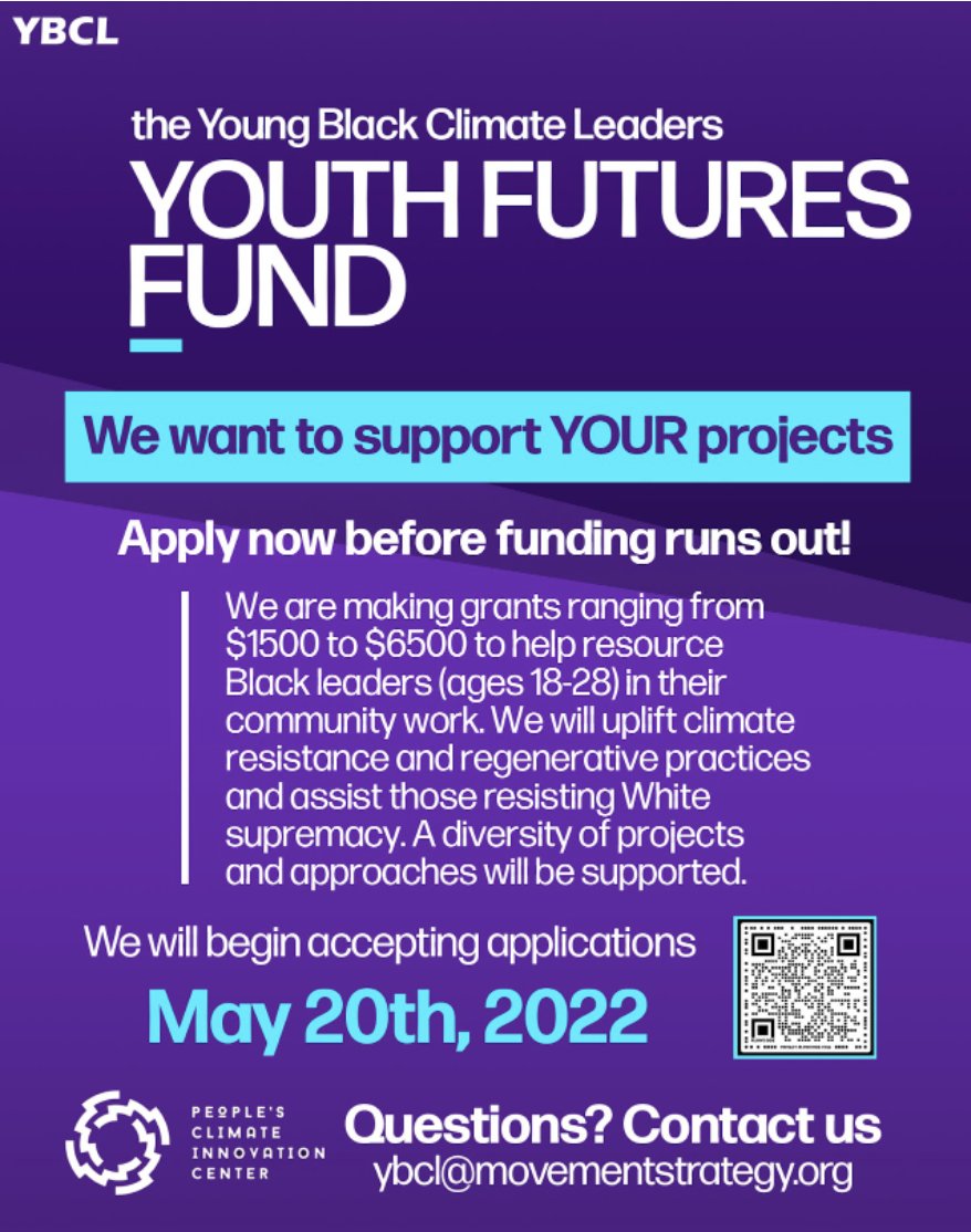calcenter's tweet photo. The New Fund for Young Black Climate Leaders is now accepting applications for those between the ages of 18-28 working to transform our climate! Scan the QR code to begin or share with a friend!

#youngblackleadersfund #climatejustice #youthlead https://t.co/o9ScMmjgVN