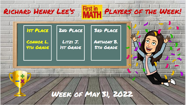 RHLeeMath's tweet photo. Congratulations to our top three teams of the week and our top three students for the week of May 31st! Keep up the great work!! 
@RHLeeESAACPS @AACPS_PK5Math @FirstInMath https://t.co/XNYgiyNzm1