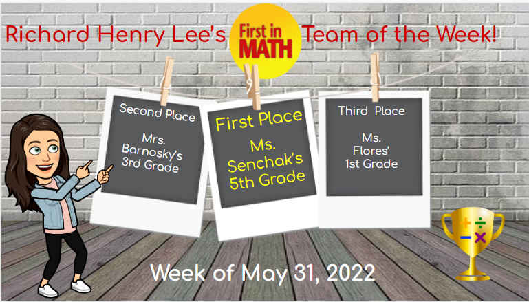RHLeeMath's tweet photo. Congratulations to our top three teams of the week and our top three students for the week of May 31st! Keep up the great work!! 
@RHLeeESAACPS @AACPS_PK5Math @FirstInMath https://t.co/XNYgiyNzm1