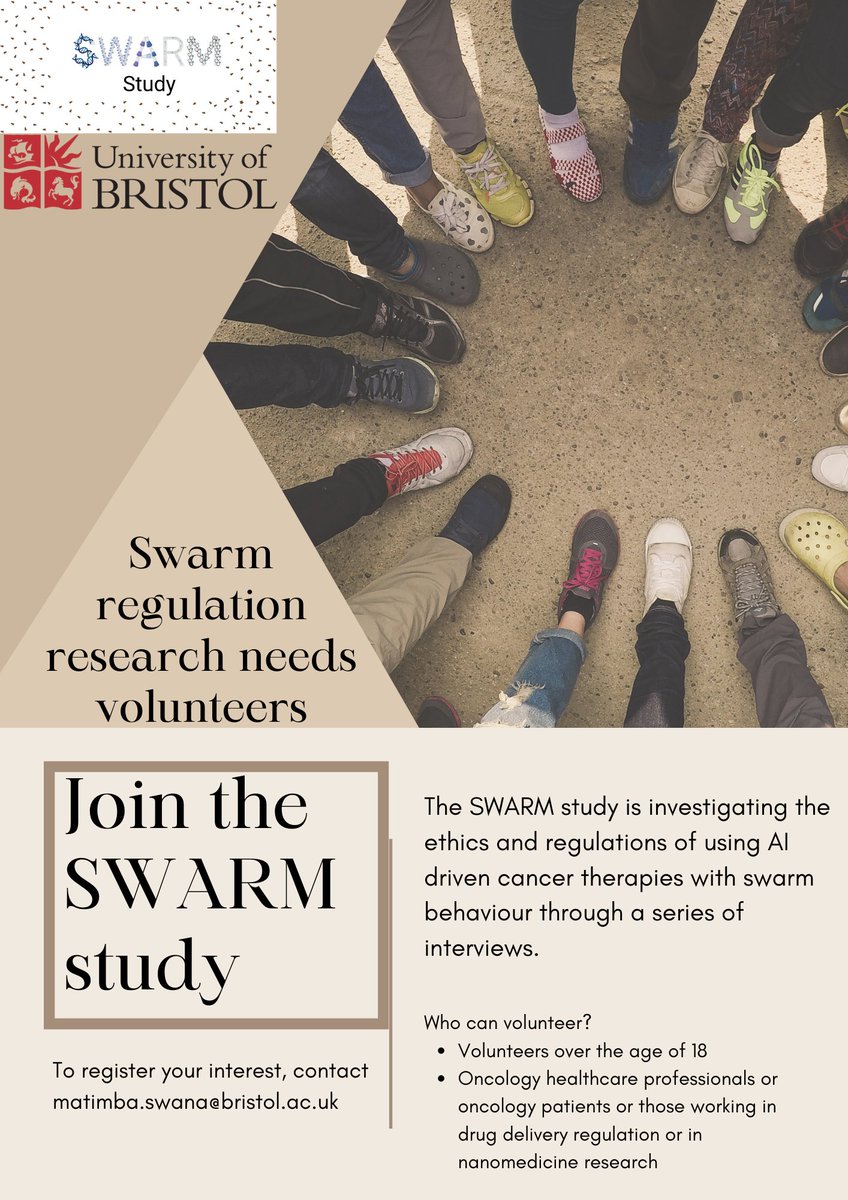 Are you an Oncology Clinician, Cancer Patient, Regulator/Policymaker or a Nanomedicine Researcher? We are looking for volunteers to talk about ethics & regulations for #SwarmMedicine #Cancer #SWARMstudy. More info at tasfunctionality.bristol.ac.uk/swarm-study/