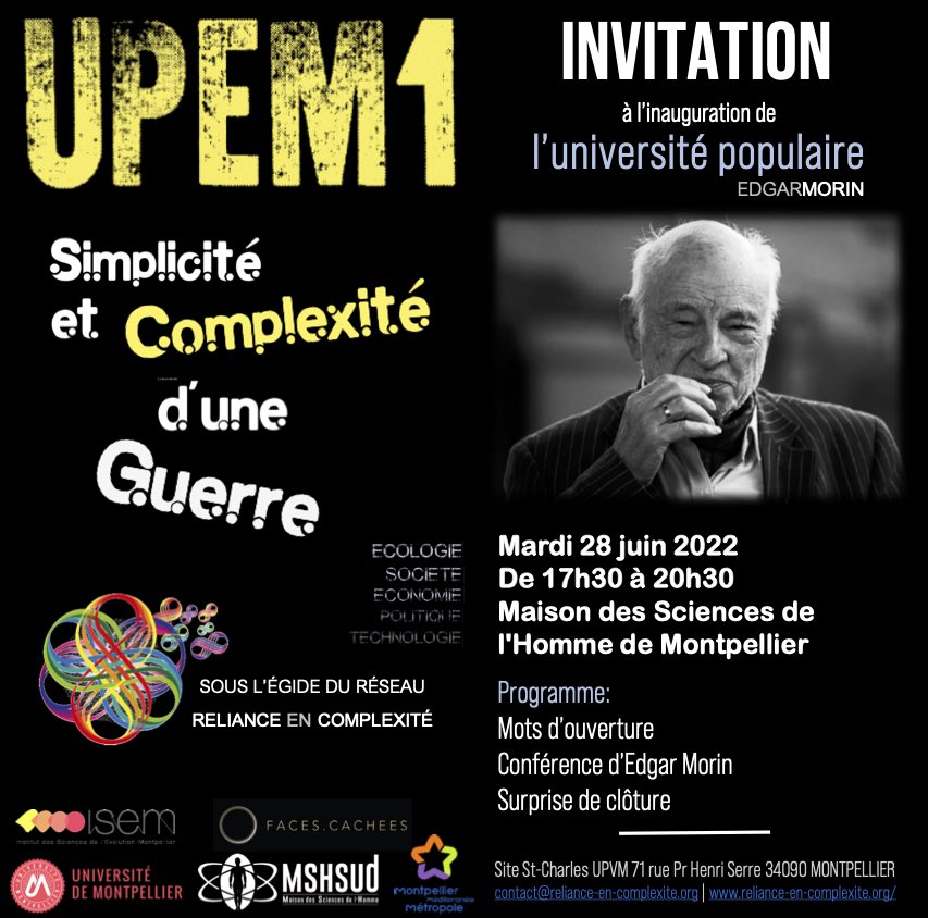 Inauguration prochaine de l’Universite Populaire Edgar Morin!

Le 28 juin 2022 à Montpellier. 

Les inscriptions vont bientôt être ouvertes: attention les places seront en nombre très limité!

Nous contacter si vous souhaitez rejoindre les partenaires, il n’est pas trop tard.