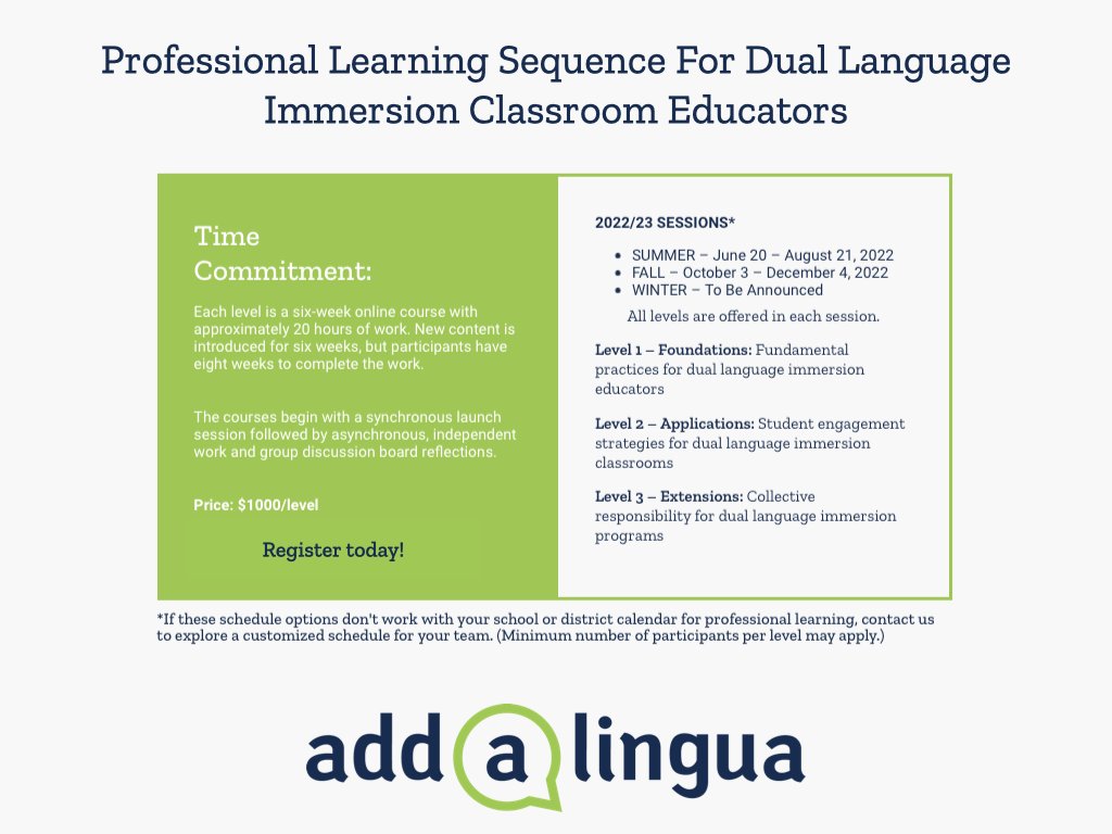 addalingua's tweet photo. It’s the last week to register for our summer session of professional learning!
#addalingua #teachaal #duallanguage #immersion #duallang #dli #duallangchat #duallanguagerocks #bilingualeducation #globalempathy #professionaldevelopment #pd #professionallearning #languagefirst https://t.co/F4u8H7P8hP