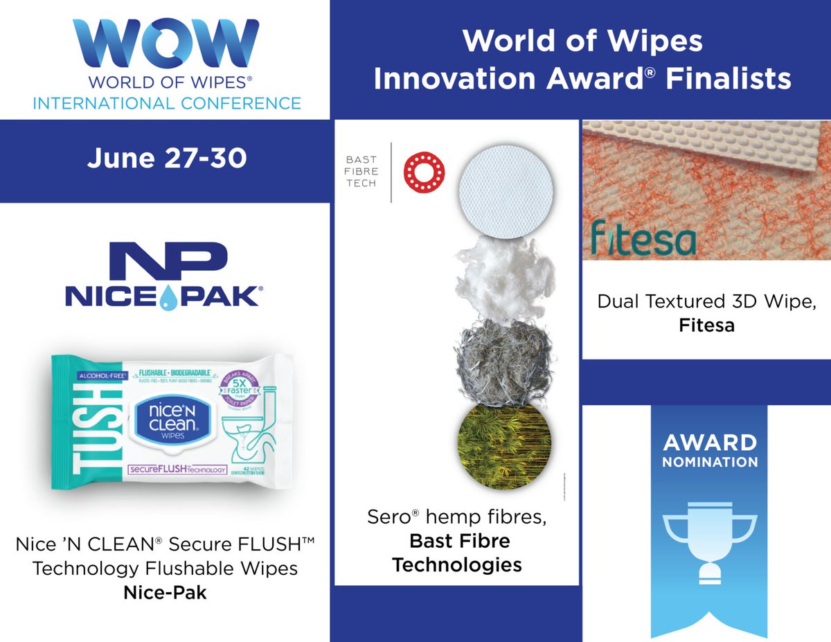 eTexComms's tweet image. @INDANonwovens announces three finalists (Bast Fibre Technologies, Fitesa and Nice-Pak) for the World of Wipes Innovation Award® to be presented during WOW 2022, June 27-30, Chicago, Illinois.

Read more: lnkd.in/gUVFqvnA

#wipes22 #nonwovens #engineeredmaterials #awards
