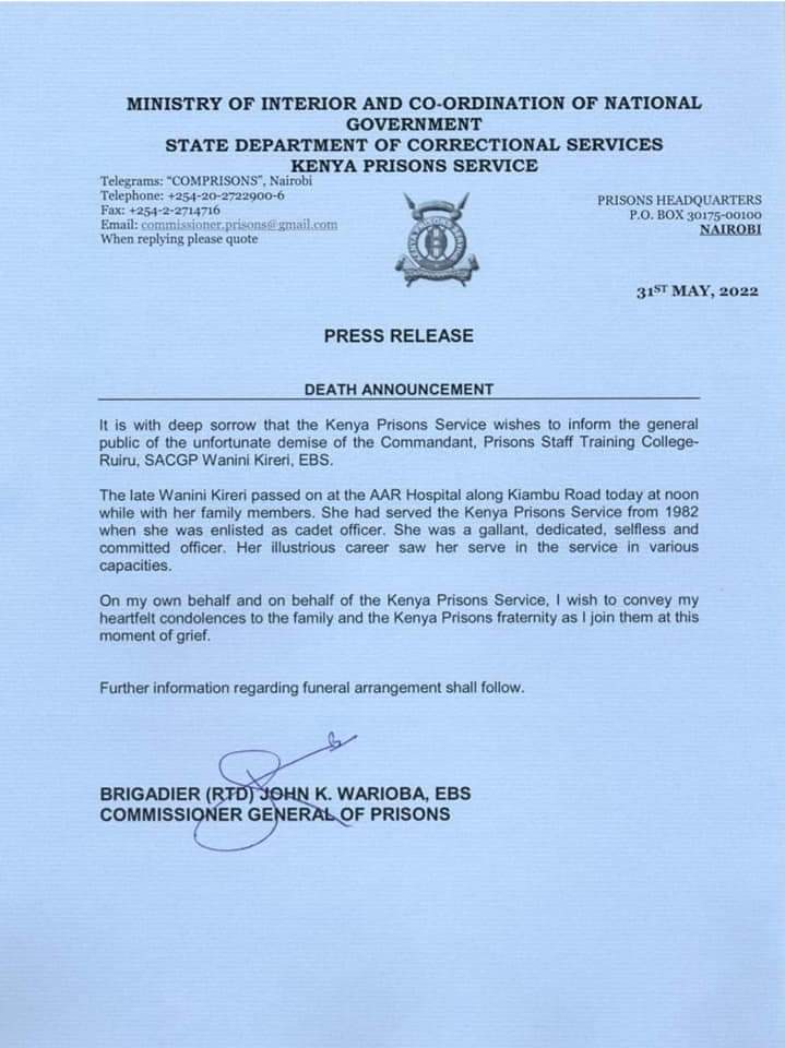 Nafisika's tweet photo. Her impeccable service has built and cemented a great impact in our correctional institutions. We applaud, appreciate and honor the work and time she has dedicated in serving our nation.
#WaniniKireri https://t.co/ePlAk2B6ab