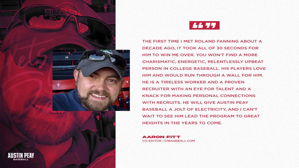 letsgopeay's tweet photo. "He will give Austin Peay baseball a jolt of electricity and I can't wait to see him lead the program to great heights in the years to come." 🎩⚾️

@d1baseball's @aaronfitt talks about new @GovsBSB head coach @coach_fanning!

#🅱️🅰️🆖 | #LetsGoPeay https://t.co/EUxSySO7oN