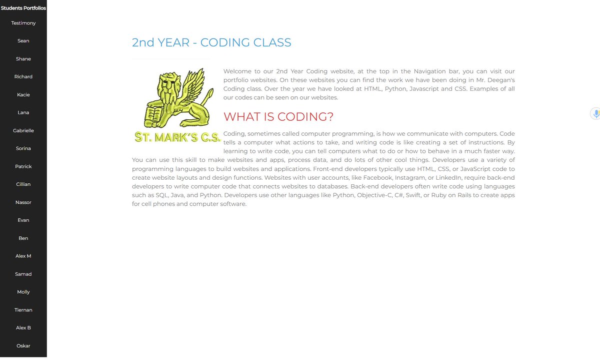 Delighted with the work by 2nd Year Coding students on their own portfolio websites which they created with HTML (showcasing work on Scratch, Python, CSS and Javascript). Working to amalgamate all their sites - they've given me some tough competition! <a href="/JctCoding/">JCT Coding</a> <a href="/stmarkscs1977/">St Mark's Community School</a>