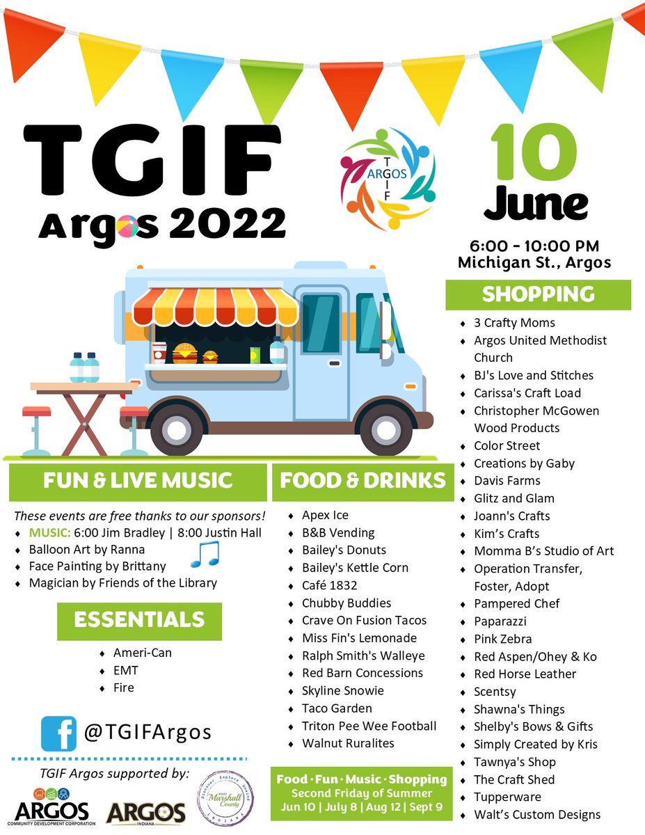 TownOfArgosIN's tweet photo. TGIF Argos
Friday, June 10th 6:00 - 10:00PM
Michigan St., Argos
More Food + More Vendors = More Fun!
#TGIFArgos #HometownFeeling #ArgosPerks #TownWithinAPark #UniquelyArgos #HighQualityLiving #WeAreArgos https://t.co/dwlG1l6E7q