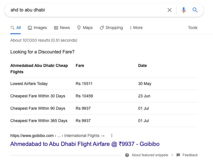 krinal's tweet image. Looks like a slightly more advanced version of the classic table showing up as a featured snippet. #SEO #FS #RichSnippets