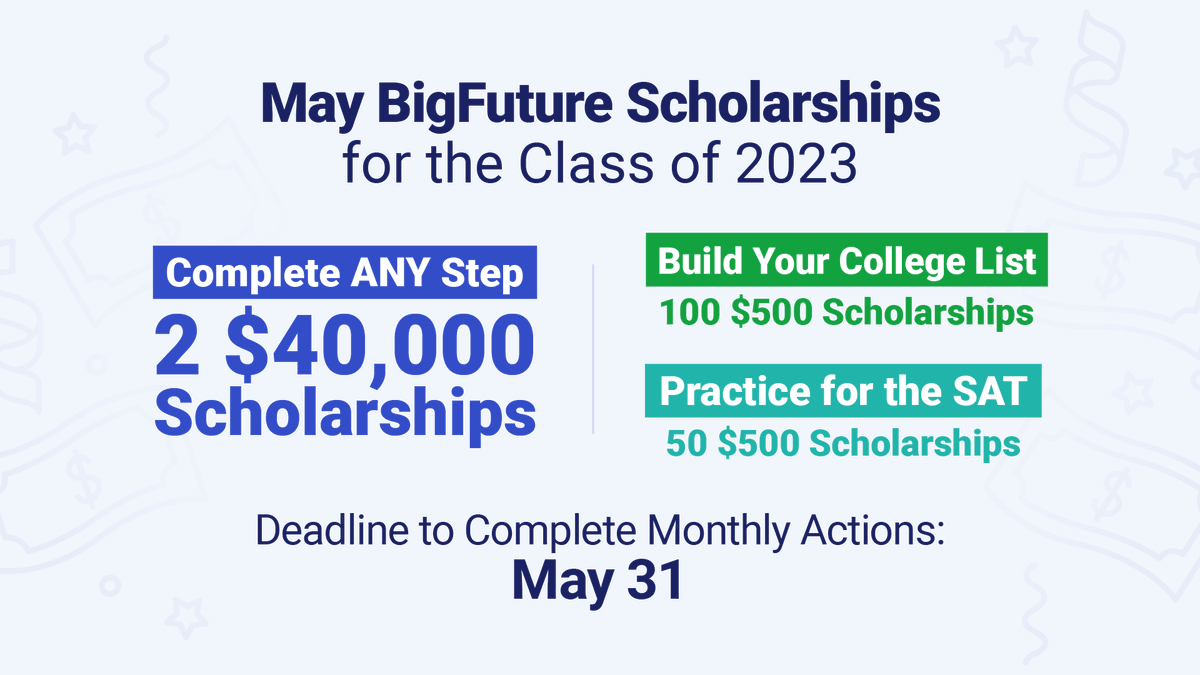 CollegeBoard's tweet photo. 🚨 Class of 2023: The May #BigFutureScholarships deadline is tonight at 11:59 pm Eastern Time. https://t.co/PpIeJqobcG https://t.co/qQwoJhgLZq