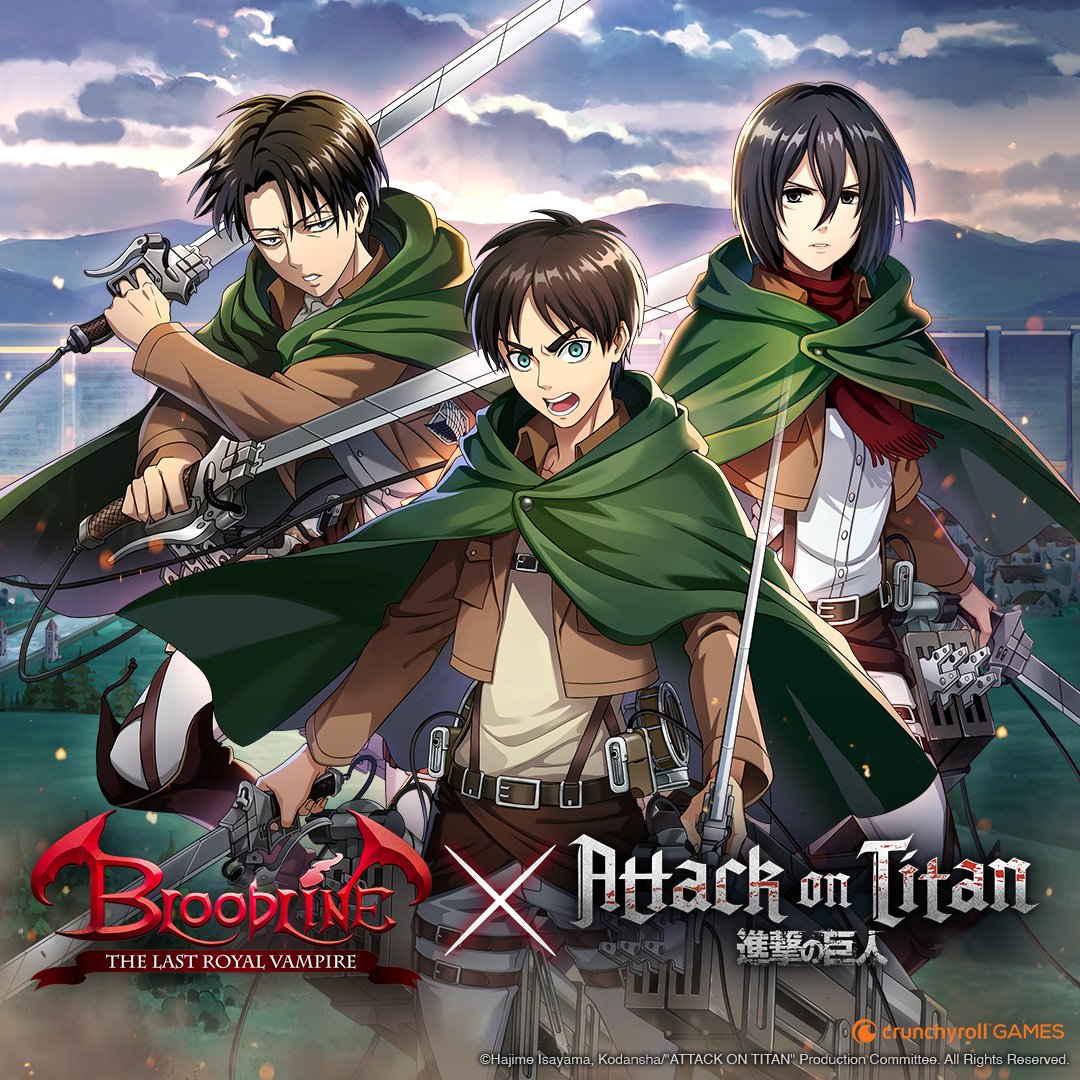 Crunchyroll's tweet photo. Attack on Titan is joining @BloodlineMobile for it's first crossover event! 

Pre-register for our newest game now to play the @AttackOnTitanEN crossover at launch! 🔥 https://t.co/1nlF23ekOo https://t.co/xw7bJLhdLD